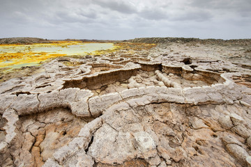 Dallol is an active volcanic crater in the Danakil Basin, Ethiopia. Africa. The volcano is known for its extraterrestrial landscapes resembling the surface of Io, the satellite of the planet Jupiter. 
