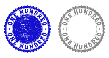Grunge ONE HUNDRED stamp seals isolated on a white background. Rosette seals with grunge texture in blue and grey colors. Vector rubber stamp imitation of ONE HUNDRED title inside round rosette.