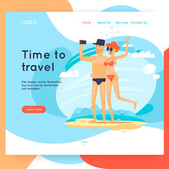 Landing page. Website Template. Time to travel, vacation. Couple on the beach