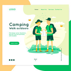 Site template. Web page design. Camping, nature walks, couple looking at the map.