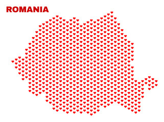 Mosaic Romania map of love hearts in red color isolated on a white background. Regular red heart pattern in shape of Romania map. Abstract design for Valentine illustrations.