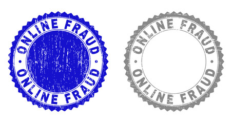 Grunge ONLINE FRAUD stamp seals isolated on a white background. Rosette seals with distress texture in blue and grey colors. Vector rubber stamp imitation of ONLINE FRAUD text inside round rosette.
