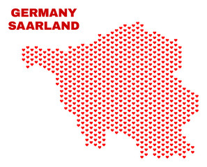 Mosaic Saarland Land map of heart hearts in red color isolated on a white background. Regular red heart pattern in shape of Saarland Land map. Abstract design for Valentine illustrations.