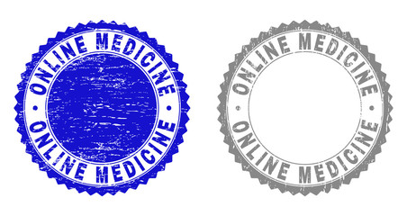 Grunge ONLINE MEDICINE stamp seals isolated on a white background. Rosette seals with grunge texture in blue and gray colors. Vector rubber overlay of ONLINE MEDICINE text inside round rosette.