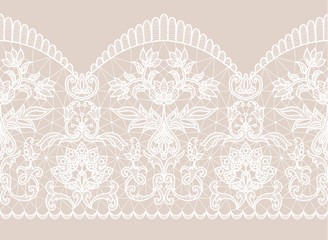 Horizontally seamless beige background and white lace ribbon with floral pattern