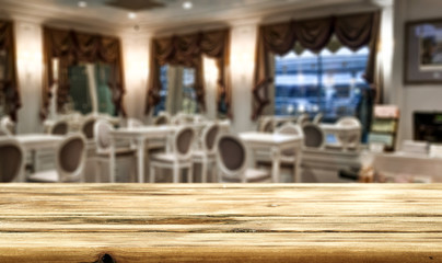 Table background of free space and restaurant interior 