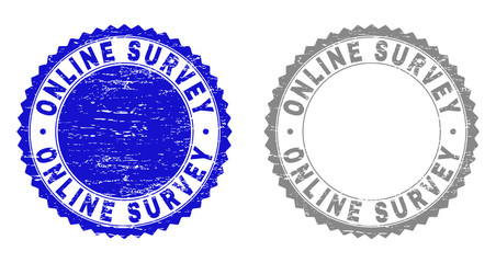 Grunge ONLINE SURVEY stamp seals isolated on a white background. Rosette seals with grunge texture in blue and grey colors. Vector rubber stamp imprint of ONLINE SURVEY caption inside round rosette.