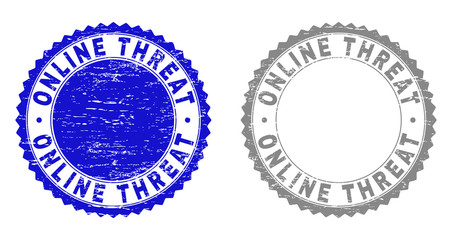 Grunge ONLINE THREAT stamp seals isolated on a white background. Rosette seals with grunge texture in blue and gray colors. Vector rubber stamp imitation of ONLINE THREAT tag inside round rosette.