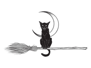 Black cat rides the broom magic vehicle of the witch hand drawn ink style boho chic sticker, patch, flash tattoo or print design vector illustration.