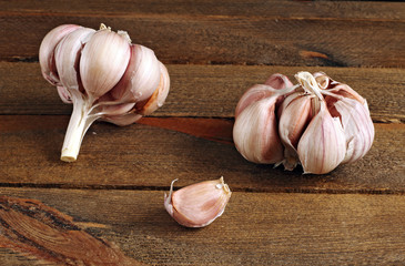 Purple garlic on wood