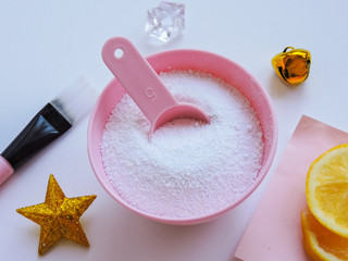 Clay mask for face and body. Dead sea mud mask - beauty products ingredients on light background, top view. Beauty concept. Flat lay. closeup texture of blue facial clay, copy space.homemade cosmetics