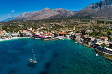 aerial view of Gerolimenas in Laconia, is one of the most picturesque settlements of Mani with a small natural harbor.   Peloponnese, Greece