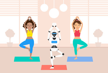 two women and robot humanoid coach doing yoga exercises in class