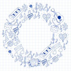 Music background for patterns. Vector illustration with musical instruments.