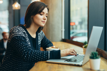 Woman Look Around And Smile While Work In Cafe On Her Laptop. Portrait Of Stylish Smiling Woman In Winter Clothes Work At Laptop. Female Bussiness Style With Sun. - Image