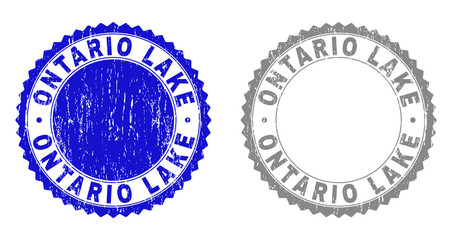 Grunge ONTARIO LAKE stamp seals isolated on a white background. Rosette seals with distress texture in blue and gray colors. Vector rubber stamp imitation of ONTARIO LAKE caption inside round rosette.