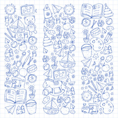 Kindergarten with toys. Pattern for children. Little preschool kids education. Drawing, learning, play