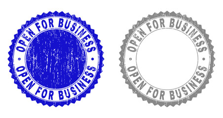 Grunge OPEN FOR BUSINESS stamp seals isolated on a white background. Rosette seals with grunge texture in blue and gray colors. Vector rubber overlay of OPEN FOR BUSINESS caption inside round rosette.