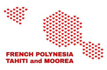 Mosaic Tahiti and Moorea islands map of love hearts in red color isolated on a white background. Regular red heart pattern in shape of Tahiti and Moorea islands map.