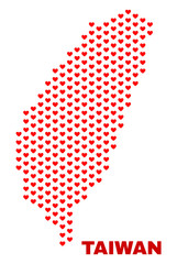 Mosaic Taiwan map of heart hearts in red color isolated on a white background. Regular red heart pattern in shape of Taiwan map. Abstract design for Valentine decoration.