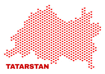 Mosaic Tatarstan map of love hearts in red color isolated on a white background. Regular red heart pattern in shape of Tatarstan map. Abstract design for Valentine illustrations.