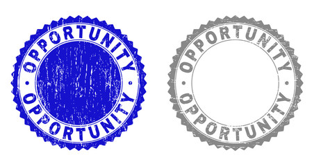 Grunge OPPORTUNITY stamp seals isolated on a white background. Rosette seals with grunge texture in blue and grey colors. Vector rubber overlay of OPPORTUNITY text inside round rosette.