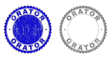 Grunge ORATOR stamp seals isolated on a white background. Rosette seals with grunge texture in blue and grey colors. Vector rubber stamp imitation of ORATOR caption inside round rosette.