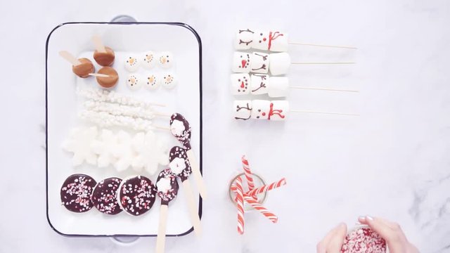 Flat lay. Hot chocolate station with variety of toppings.