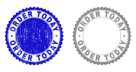 Grunge ORDER TODAY stamp seals isolated on a white background. Rosette seals with grunge texture in blue and gray colors. Vector rubber stamp imitation of ORDER TODAY tag inside round rosette.