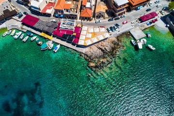 Fototapeta na wymiar aerial view of Gerolimenas in Laconia, is one of the most picturesque settlements of Mani with a small natural harbor. Peloponnese, Greece