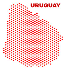 Mosaic Uruguay map of valentine hearts in red color isolated on a white background. Regular red heart pattern in shape of Uruguay map. Abstract design for Valentine illustrations.