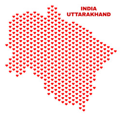 Mosaic Uttarakhand State map of love hearts in red color isolated on a white background. Regular red heart pattern in shape of Uttarakhand State map. Abstract design for Valentine illustrations.