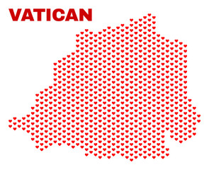 Mosaic Vatican map of valentine hearts in red color isolated on a white background. Regular red heart pattern in shape of Vatican map. Abstract design for Valentine decoration.
