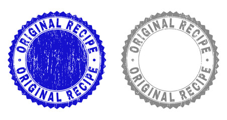 Grunge ORIGINAL RECIPE stamp seals isolated on a white background. Rosette seals with grunge texture in blue and gray colors. Vector rubber overlay of ORIGINAL RECIPE title inside round rosette.