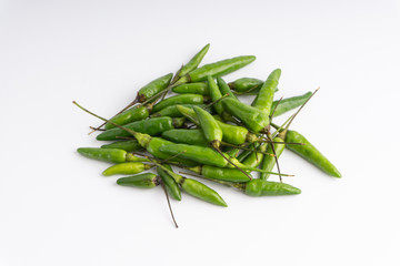 Green Bird's eye chili ,Thai Chili pepper ,bird chili pepper nature isolate on white background. Selective focus and crop fragment
