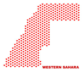 Mosaic Western Sahara map of love hearts in red color isolated on a white background. Regular red heart pattern in shape of Western Sahara map. Abstract design for Valentine illustrations.