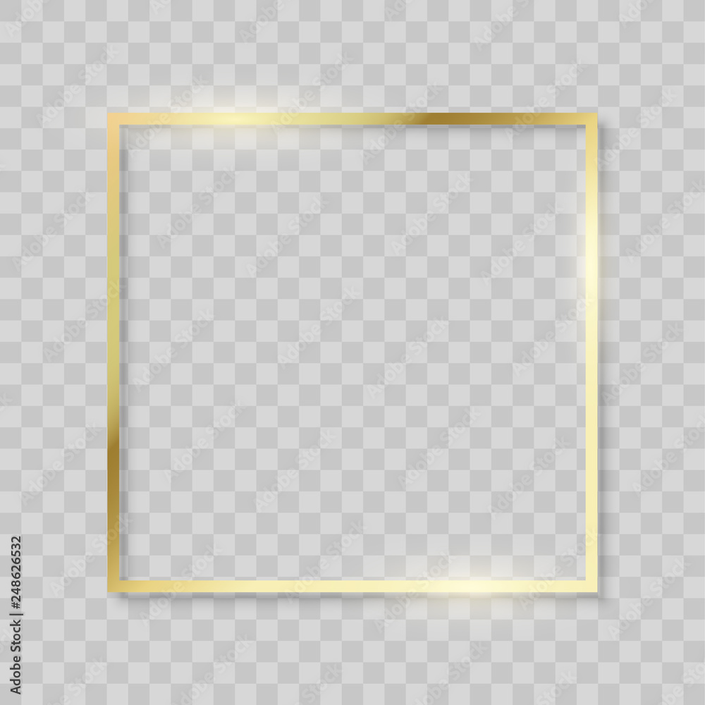 Wall mural gold frame, realistic golden texture borders. vector shiny square frame on transparent background