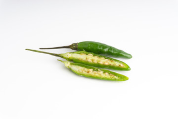 Green Bird's eye chili ,Thai Chili pepper ,bird chili pepper nature isolate on white background. Selective focus and crop fragment