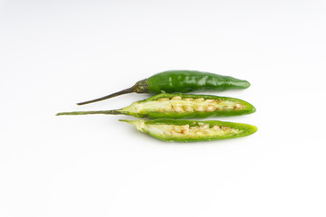 Green Bird's eye chili ,Thai Chili pepper ,bird chili pepper nature isolate on white background. Selective focus and crop fragment