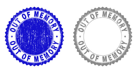 Grunge OUT OF MEMORY stamp seals isolated on a white background. Rosette seals with grunge texture in blue and gray colors. Vector rubber stamp imprint of OUT OF MEMORY caption inside round rosette.