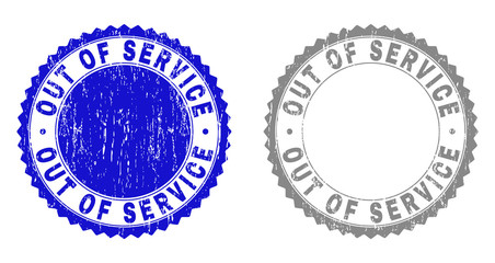 Grunge OUT OF SERVICE stamp seals isolated on a white background. Rosette seals with grunge texture in blue and gray colors. Vector rubber stamp imprint of OUT OF SERVICE tag inside round rosette.
