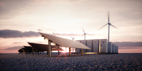 Dawn of new renewable energy technologies. Modern, aesthetic and efficient dark solar panel panels, a modular battery energy storage system and a wind turbine system in warm light. 3D rendering. - obrazy, fototapety, plakaty