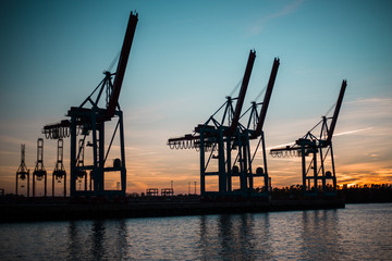 Fototapeta na wymiar Hamburger Hafen, Kräne im Sonnenuntergang