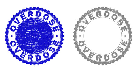 Grunge OVERDOSE stamp seals isolated on a white background. Rosette seals with grunge texture in blue and grey colors. Vector rubber stamp imitation of OVERDOSE tag inside round rosette.