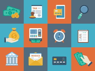 Business finance colorful collection of icons. Banking, tax, money, counting, payment. Conceptual promo and advertising icons set for website and mobile site, apps. Vector illustration