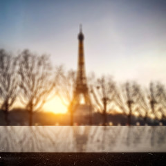 Table background of free space and Paris landscape. 