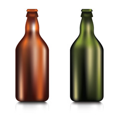 Set of realistic green and brown blank glass beer bottle on a white background.