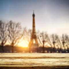 Table background of free space and Paris landscape. 