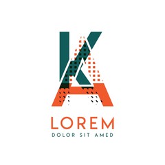 KA modern logo design with orange and green color that can be used for creative business and advertising. AK logo is filled with bubbles and dots, can be used for all areas of the company.