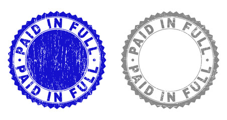Grunge PAID IN FULL stamp seals isolated on a white background. Rosette seals with grunge texture in blue and gray colors. Vector rubber stamp imitation of PAID IN FULL label inside round rosette.
